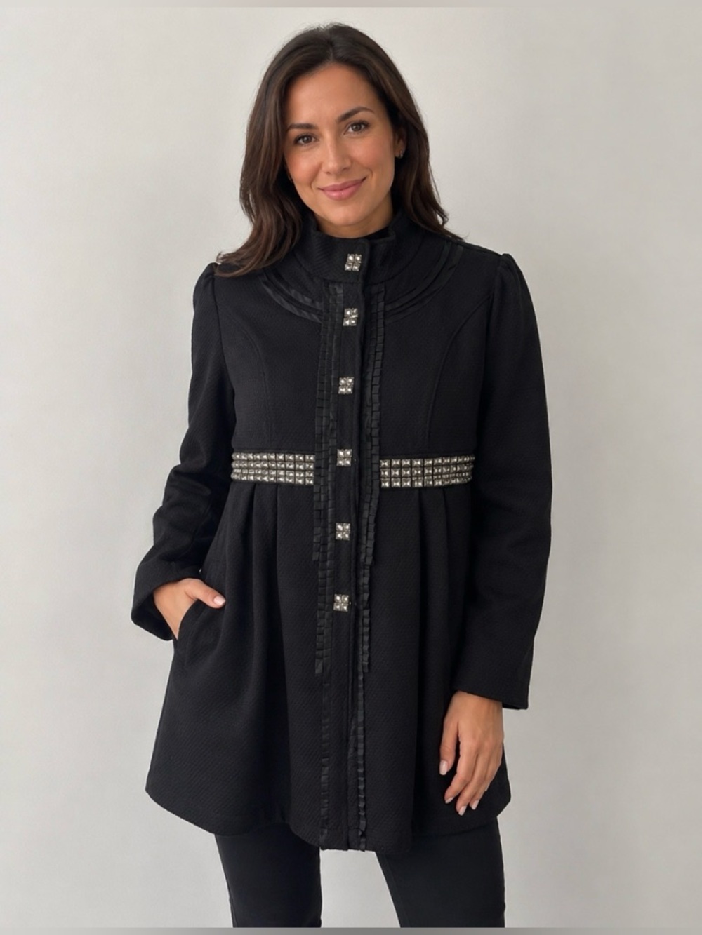 C C Couture embellished Button-Up Coat Jacket Party Holiday Black Size XL